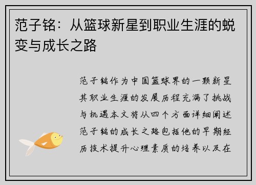 范子铭：从篮球新星到职业生涯的蜕变与成长之路